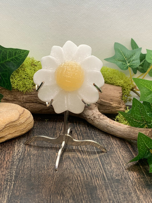 Yellow and White Calcite Flower Carving with Stand