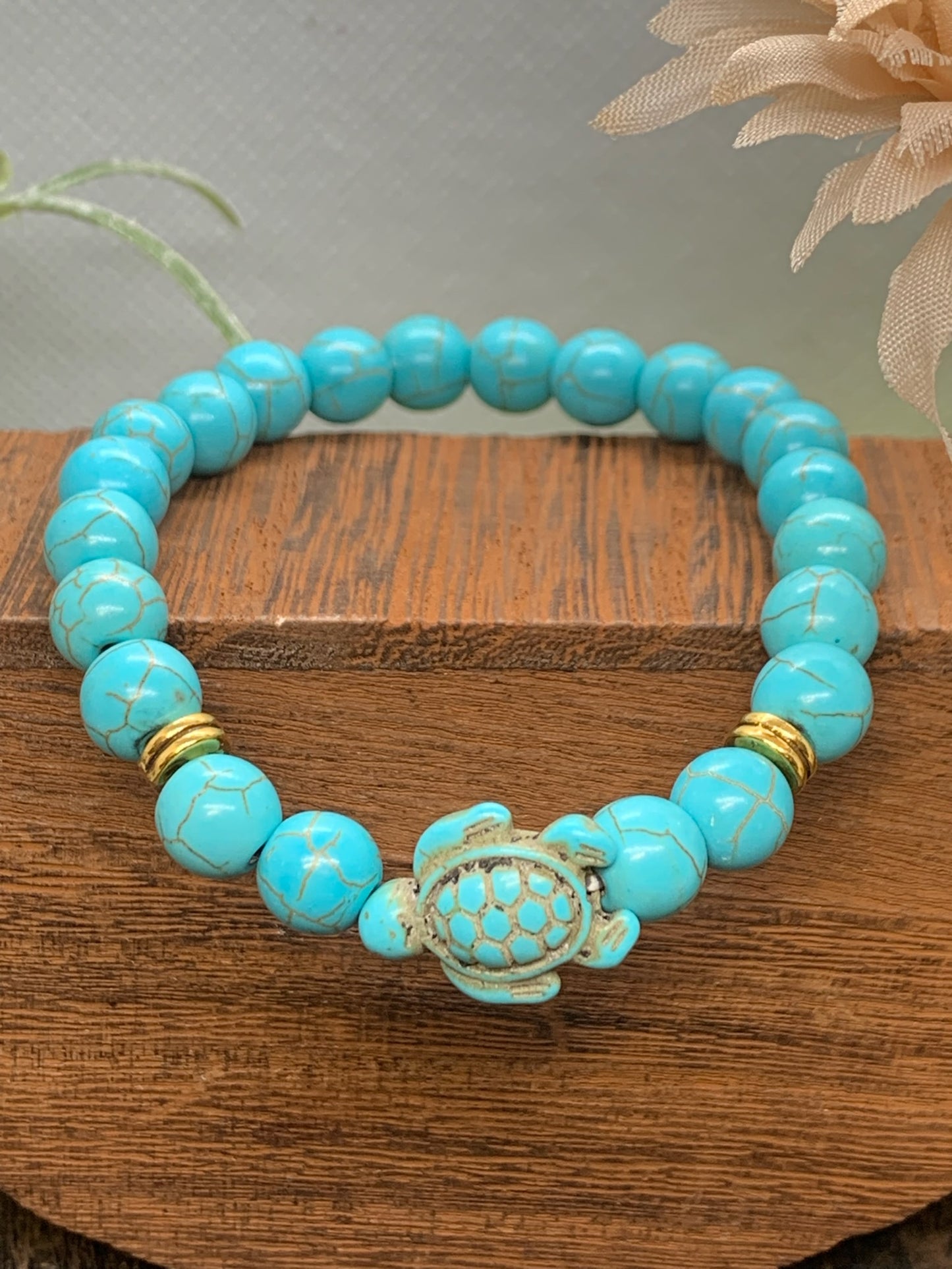 Turquoise Blue Howlite Bracelet with Turtle Charm