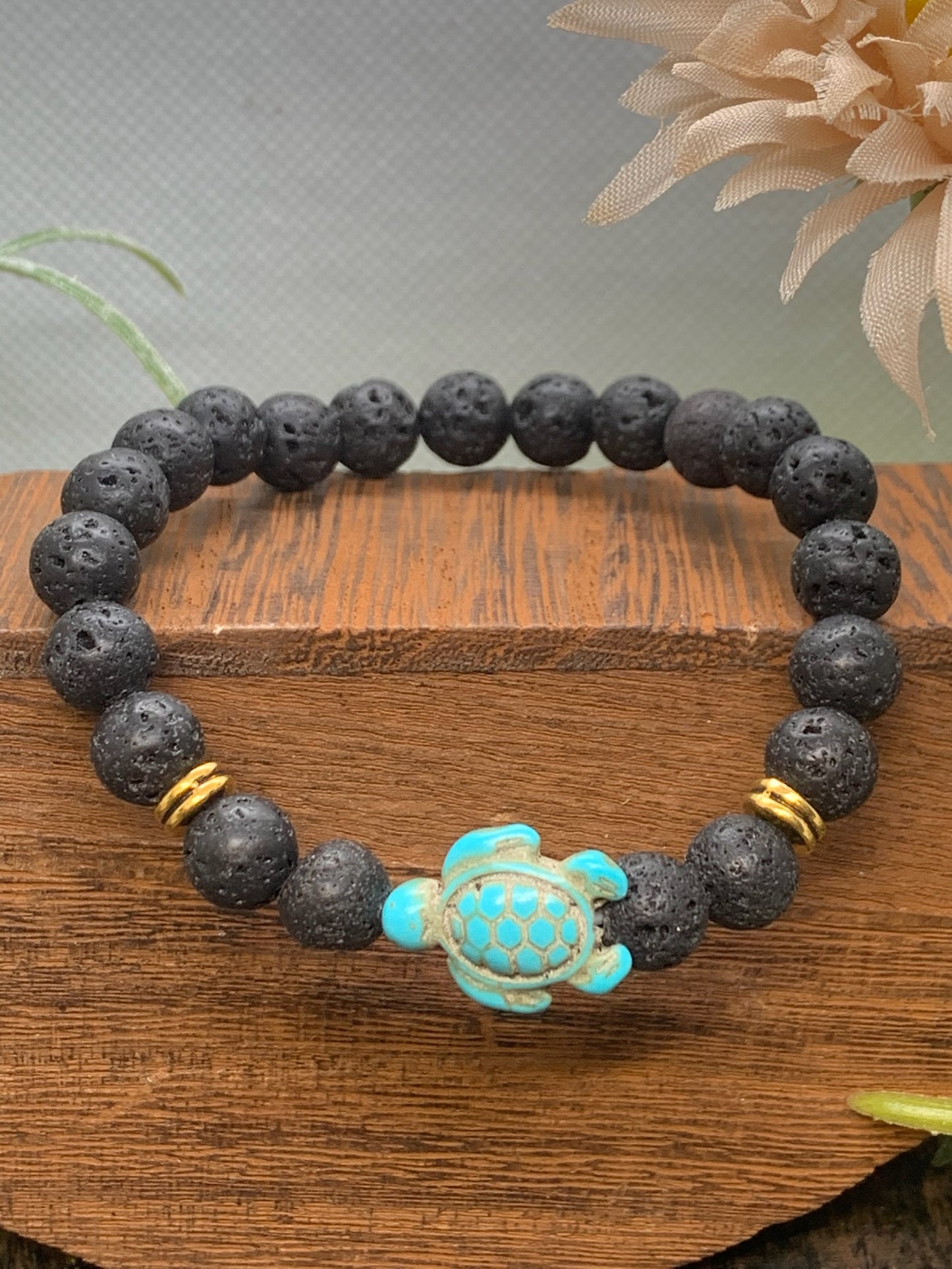 Lava Stone Bracelet with Turtle Charm