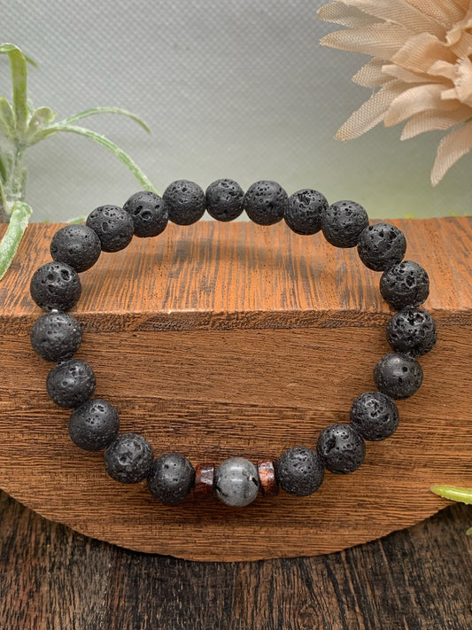 Lava Stone Bracelet with Larvikite Bead