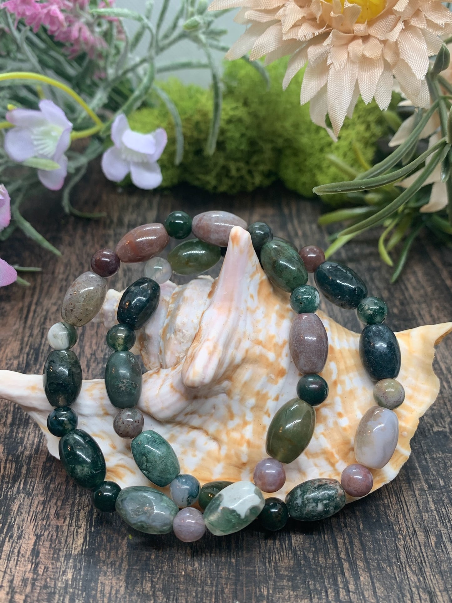 Moss Agate Barrel Bead Bracelet