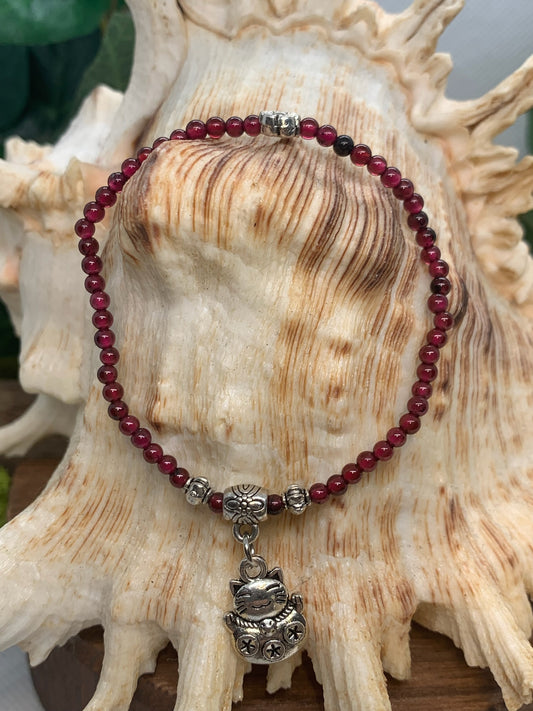 Garnet Bracelet with Cat Charm