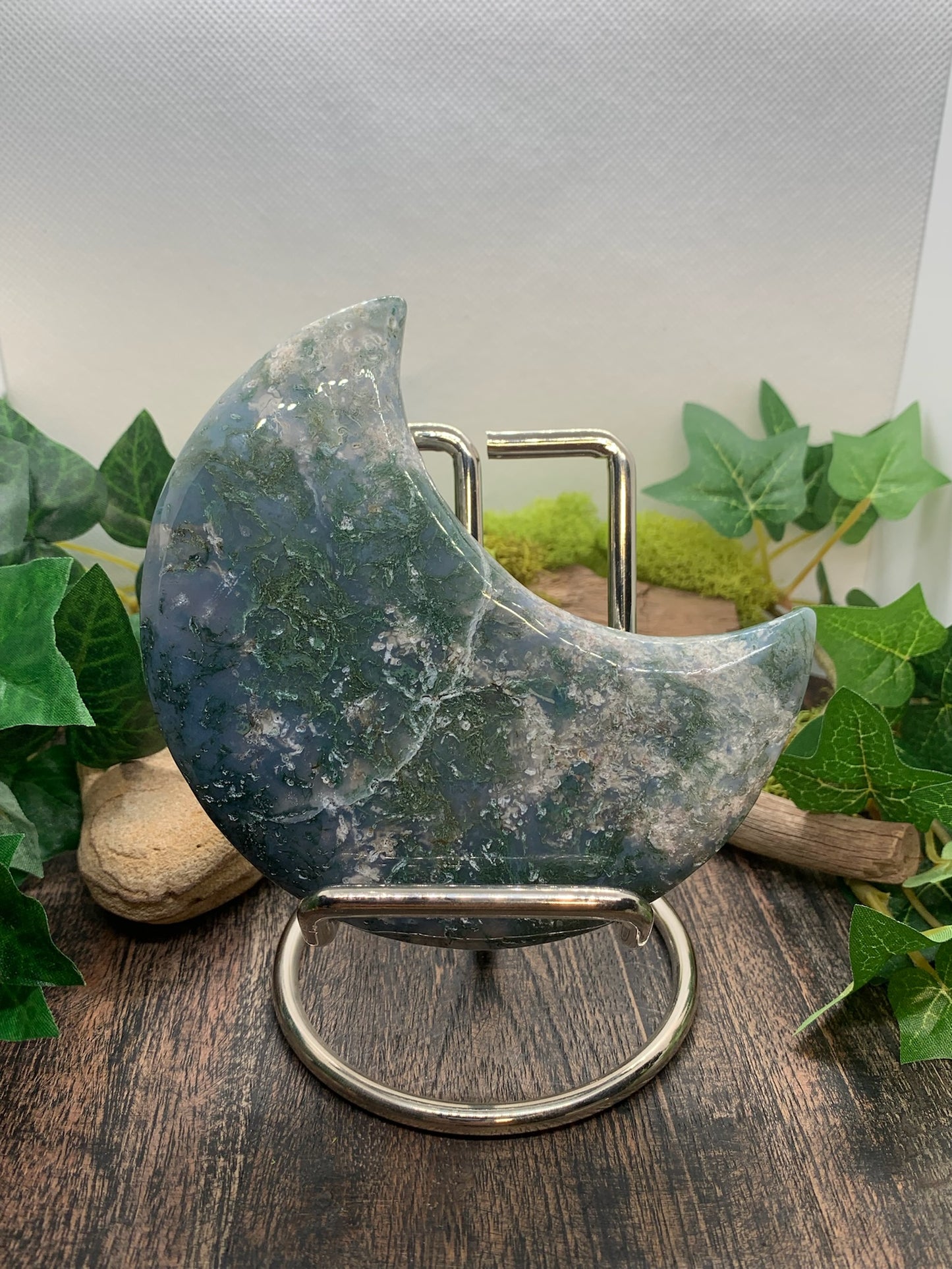 Moss Agate Moon Carving