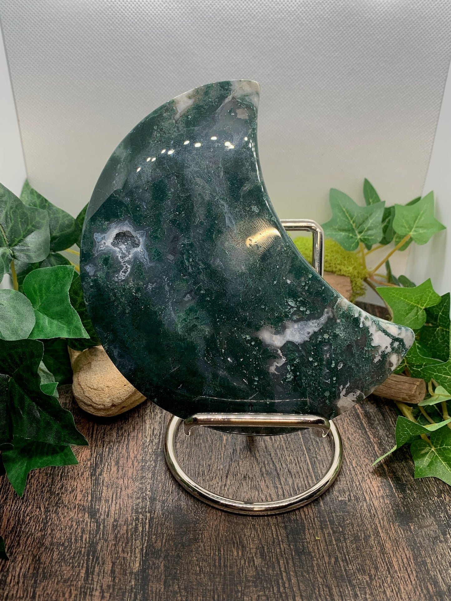 Moss Agate Moon Carving